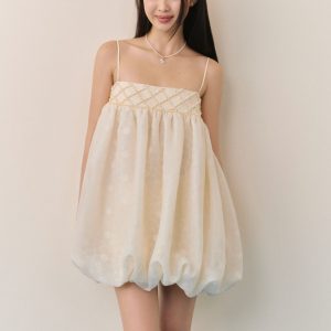 Set bí hai dây Ivory Mesh Smocked Puff Set