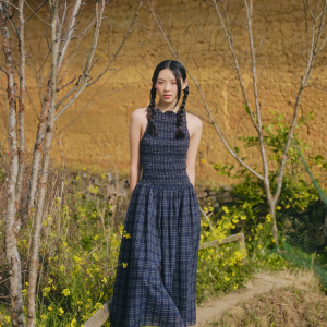 Đầm xanh đen dài cổ tròn Navy Checked Sleeveless Round Neck Maxi Dress